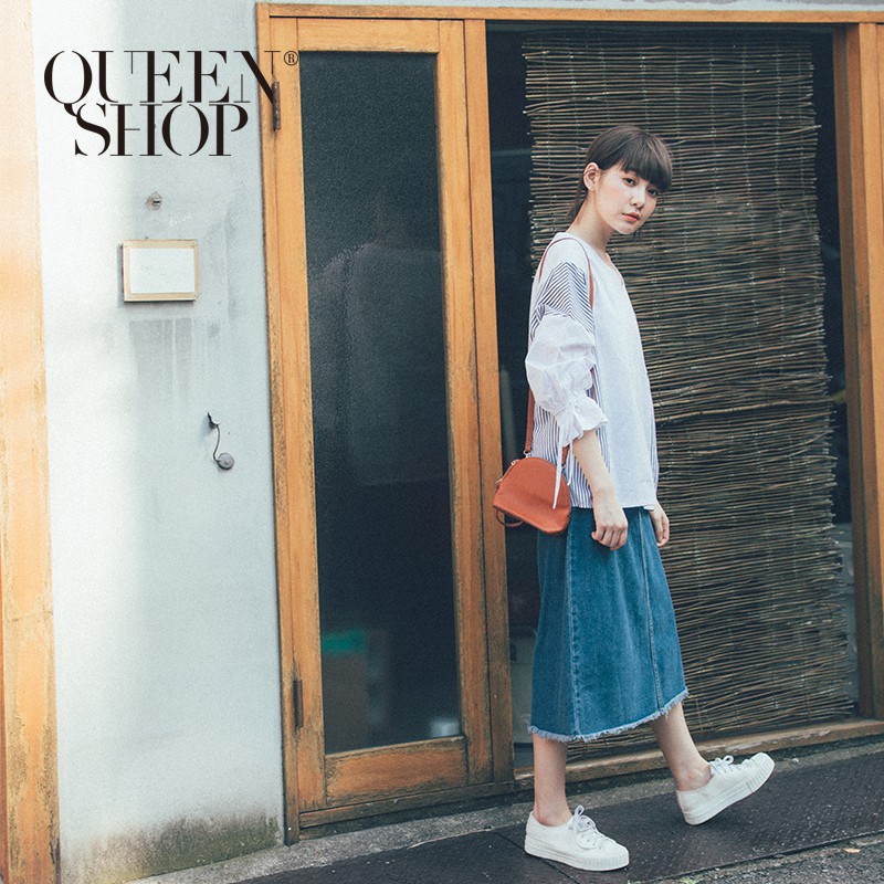 QUEENSHOP【03020402 】鬚邊A字牛仔中長裙 S/M＊預購＊