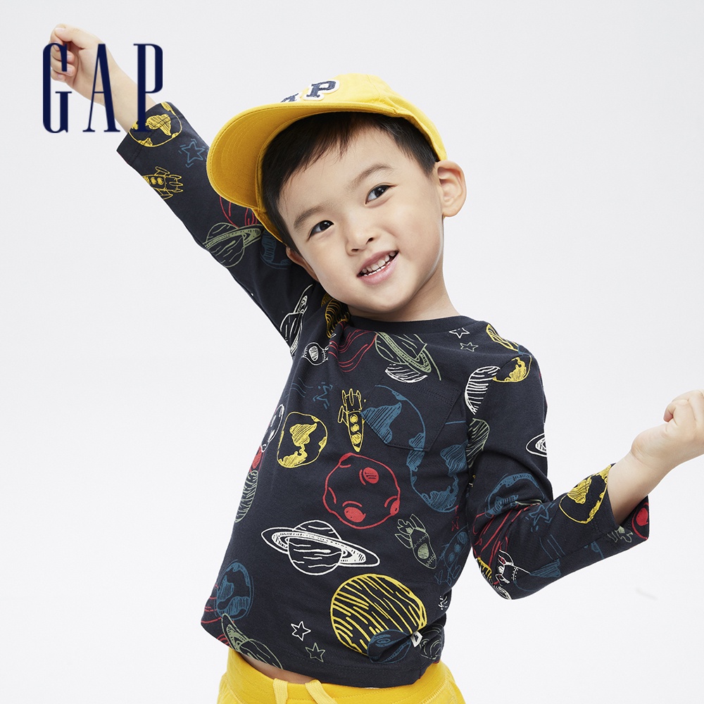 Gap 男幼童裝 純棉創意印花長袖T恤 布萊納系列-藍色(740474)