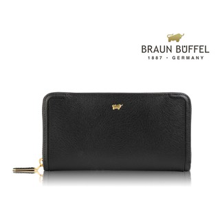 【寧寧精品】台中30年皮件店 BRAUN BUFFEL 小金牛 黑色單拉鍊長夾 BF674-602-1 女長夾區