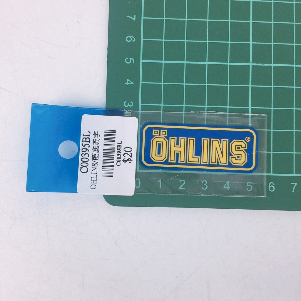 C00395BL  OHLINS 籃底黃字  $20   機車 汽車 重機 車貼 貼紙 車殼 裝飾 行李箱貼