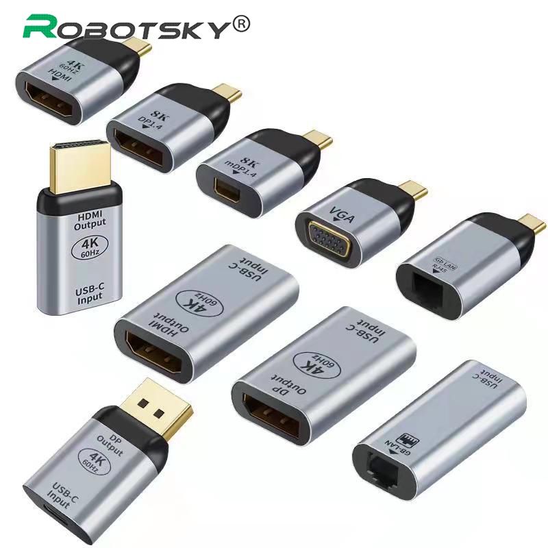 Robotsky Type-C 公頭轉 HDMI VGA RJ45 DP MDP 母頭適配器 4K@60HZ 高清輸出