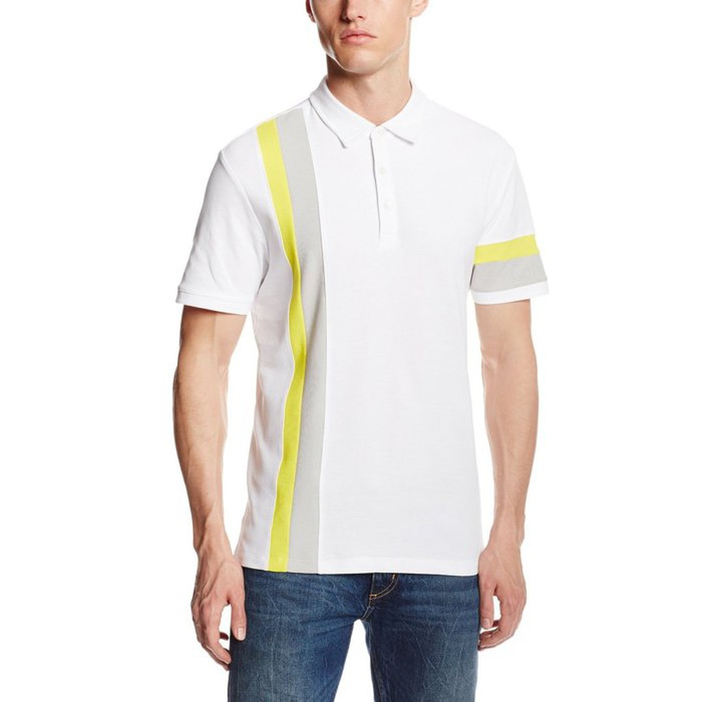 美國百分百【全新真品】Calvin Klein POLO衫 男衣 CK 網眼 短袖 上衣 條紋 白黃 S號 E222