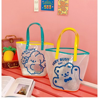 Baby童衣 韓國ins可愛新卡通小熊透明果凍手提包 透明沙灘包 可愛卡通印花透明手提購物袋 88598