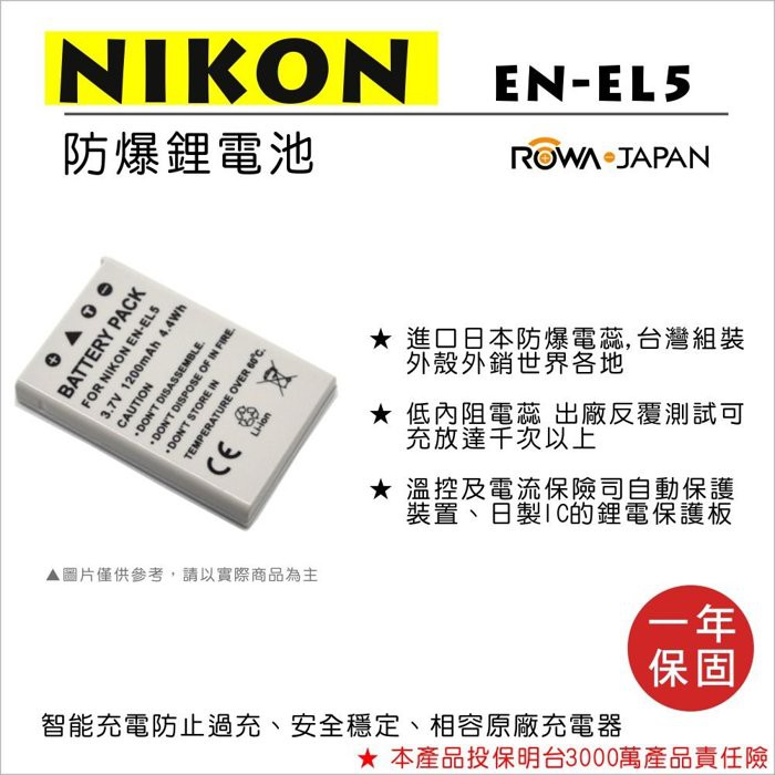 彰化市@樂華 FOR Nikon EN-EL5 相機電池 鋰電池 防爆 原廠充電器可充 保固一年