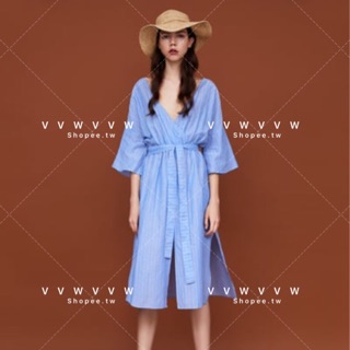 Zara繫腰帶條紋洋裝/原價1490/水藍色條紋洋裝