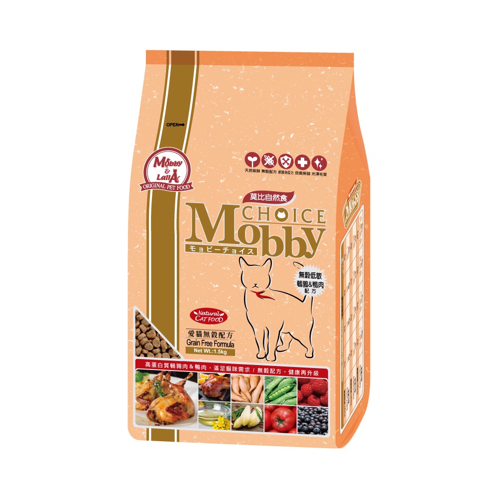 莫比Mobby 鴨肉+鵪鶉 貓飼料 愛貓無穀系列