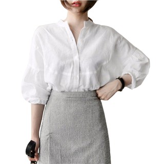 【限時下殺】韓版新款立領白色襯衫女休閒寬鬆燈籠袖百搭長袖上衣女