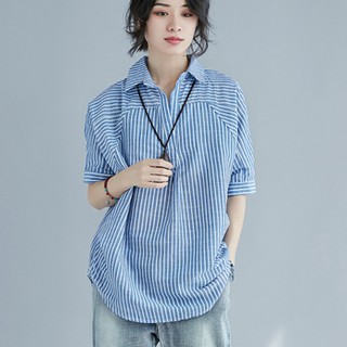 襯衫 大尺碼女裝五分袖上衣 簡約短袖條紋顯瘦襯衫 中大尺碼 028083
