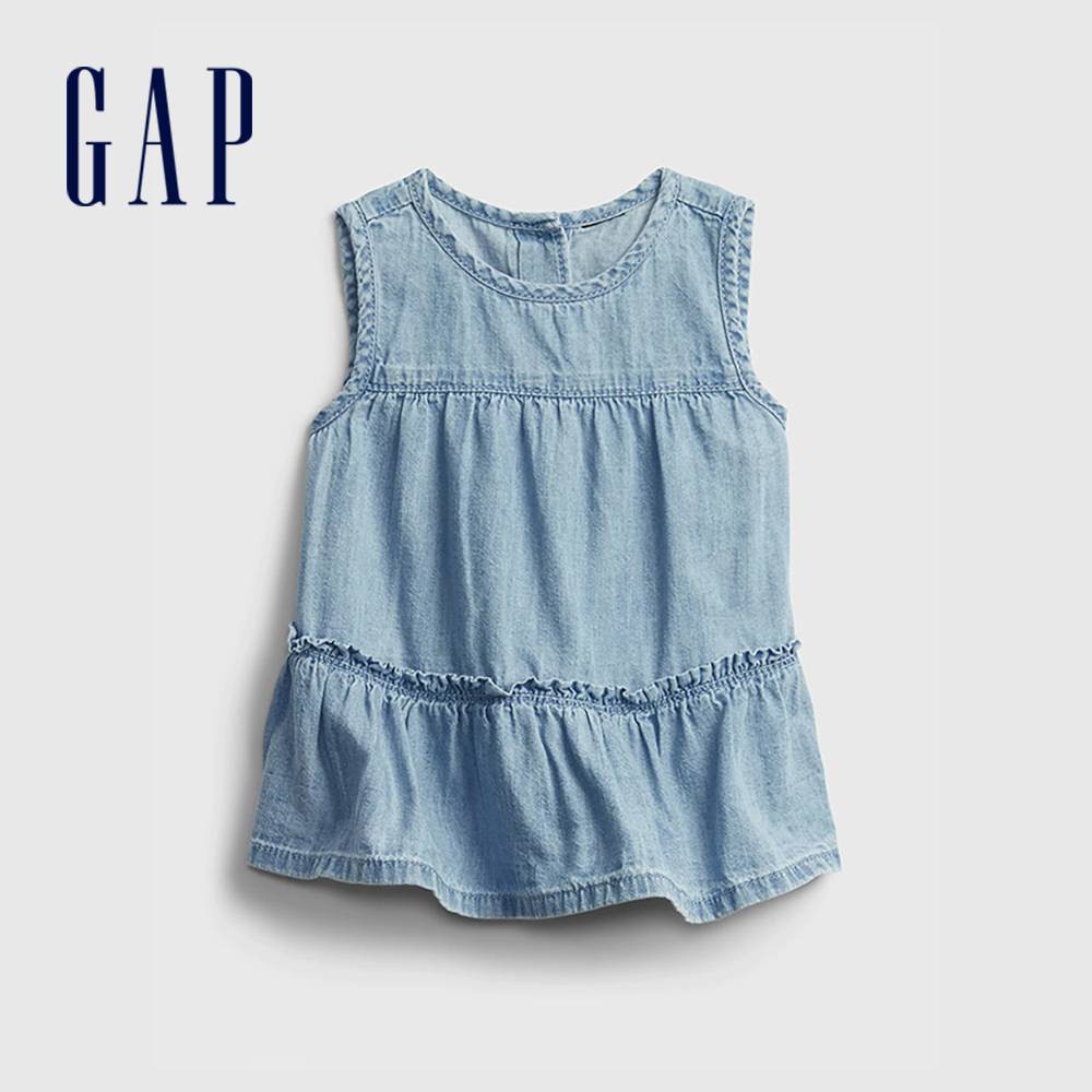 Gap 嬰兒裝 可愛牛仔荷葉邊無袖上衣-牛仔藍(669616)