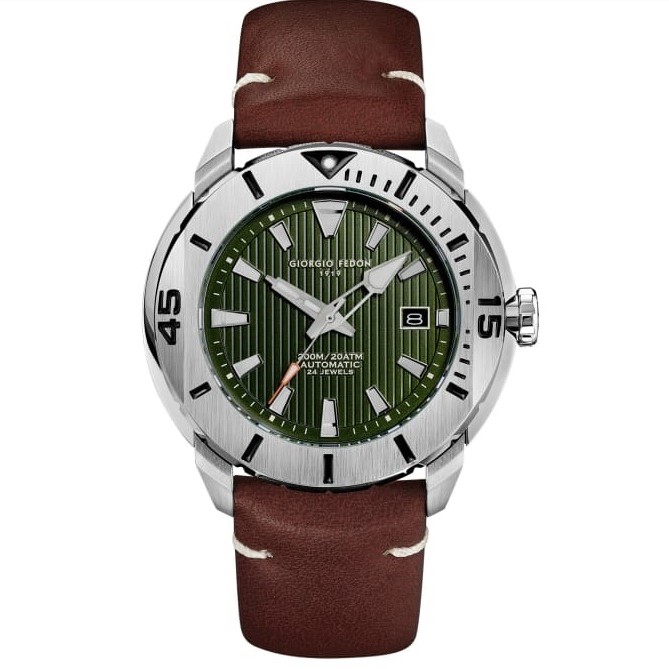 【GIORGIO FEDON 1919】OCEAN HOVER海洋系列 200米機械皮革腕錶綠x咖啡/GFCH008