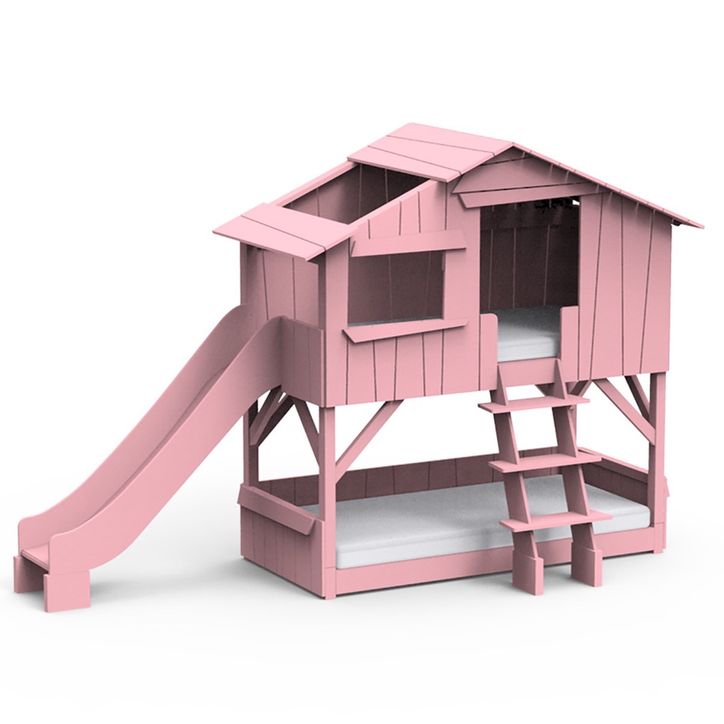 【hoi! 】 比利時 Mathy by Bols 樹屋雙層兒童床附滑梯 90x190-亮粉色/含安裝運送