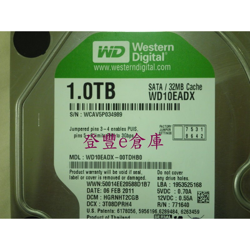 【登豐e倉庫】 YF499 綠標 WD10EADX-00TDHB0 1TB SATA2 硬碟