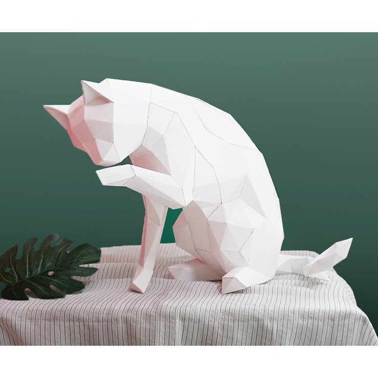 舔手貓 立體紙模型 手工 DIY 3D 摺紙 折紙 紙製品 擺件 動物 裝飾 客廳 擺飾 貓咪 貓 洗澡 灰機