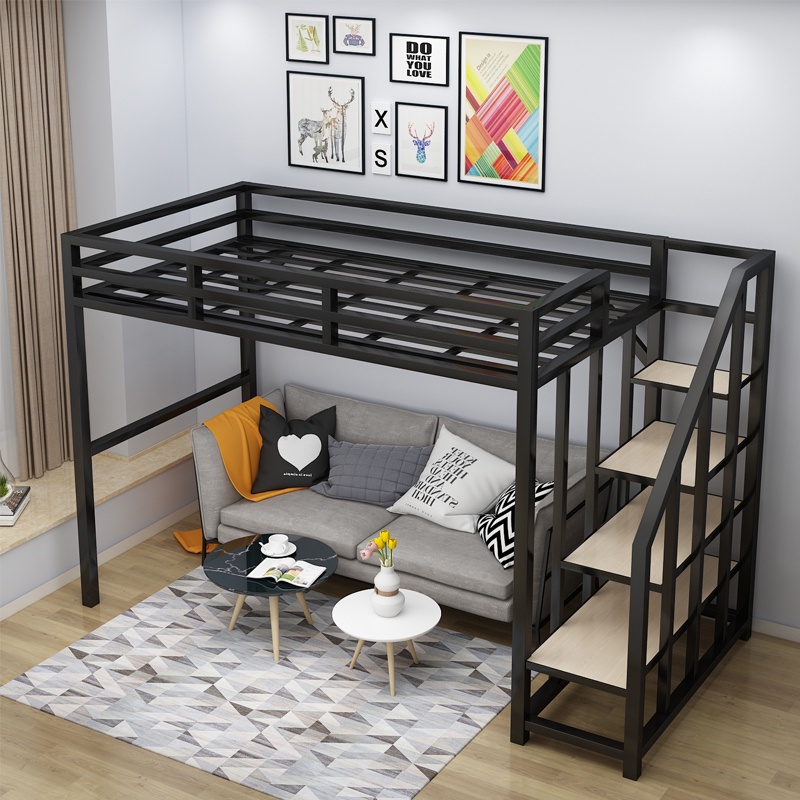 北歐鐵藝雙人床簡約現代高架床宿捨單身公寓床小戶型多功能樓閣床