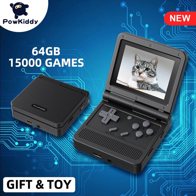 Powkiddy新款v90黑色復古掌上游戲機3寸高清屏內置15000遊戲64gb PS1遊戲