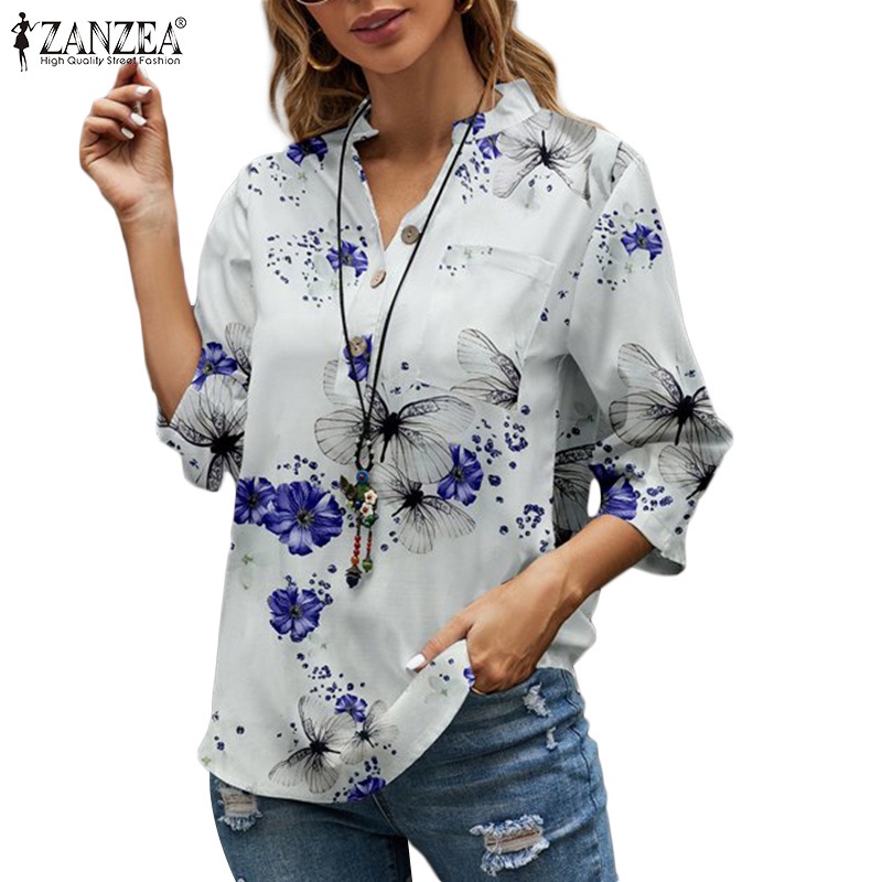 ZANZEA 女式花卉印花 3/4 袖鈕扣休閒寬鬆上衣