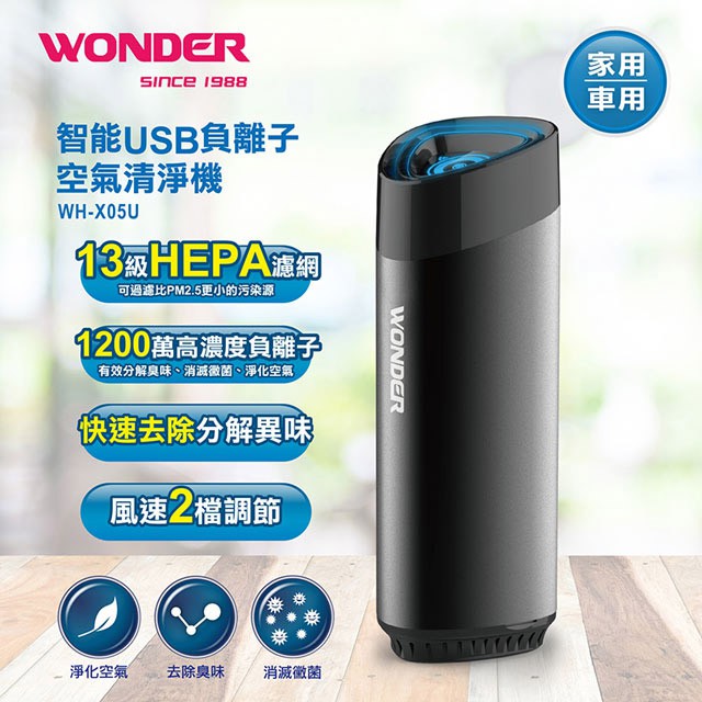 WONDER 旺德 智能USB車用隨身高濃度負離子空氣清淨機WH-X05U