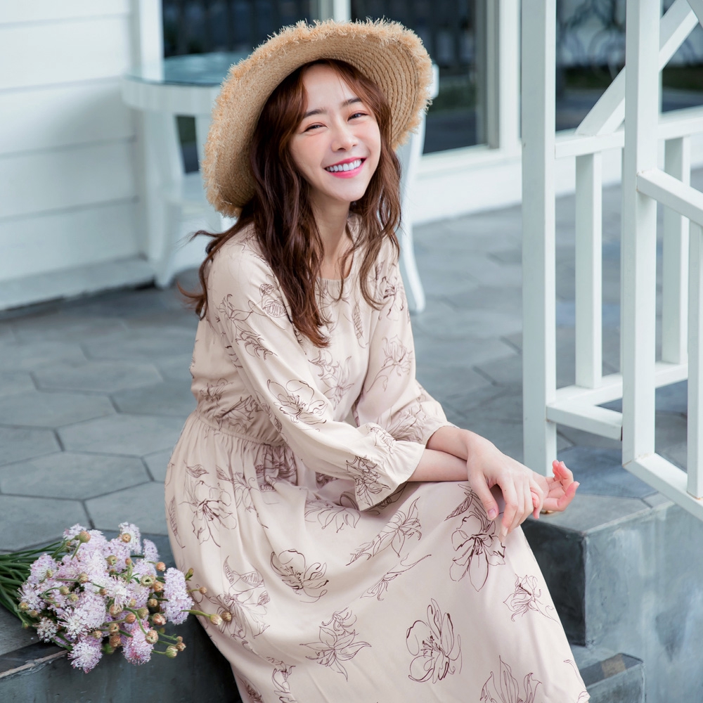 Ob嚴選 線條花朵氣質腰鬆緊修身長洋裝 適s Xl Da7444 全館現貨 蝦皮購物