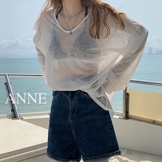 ANNE｜套頭防曬衫 長袖防曬衫【AT11001】寬鬆 v領長袖防曬衫 長袖罩衫 罩衫 防曬衫 會透 微透