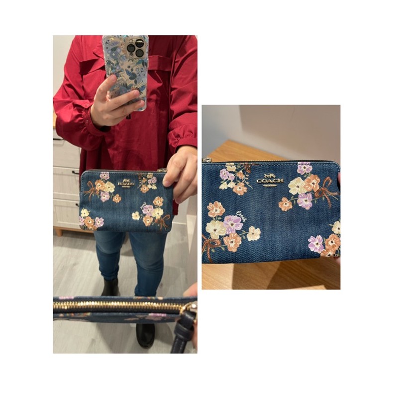 COACH 藍色單寧花朵亮粉圖樣手拿包 手腕帶錢包  牛仔布 二手正品 COACH FLORAL PRINTED