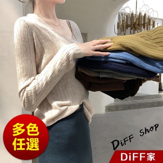 【DIFF】韓版柔軟慵懶風v領針織上衣 長袖上衣 女裝 衣服 寬鬆上衣 顯瘦上衣 素色 冬裝 長袖t恤 素T【W192】