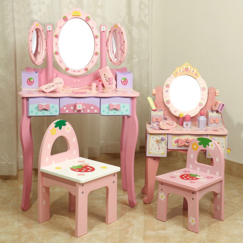 現貨草莓皇冠大三面鏡兒童仿真木製化妝台梳妝台 玩具 生日禮物