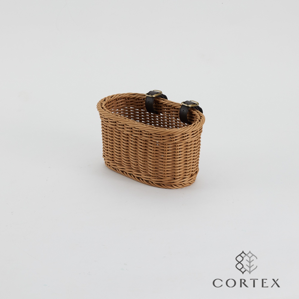 CORTEX 自行車籃 仿藤籃 腳踏車籃 附一組皮扣 小型 卡其色