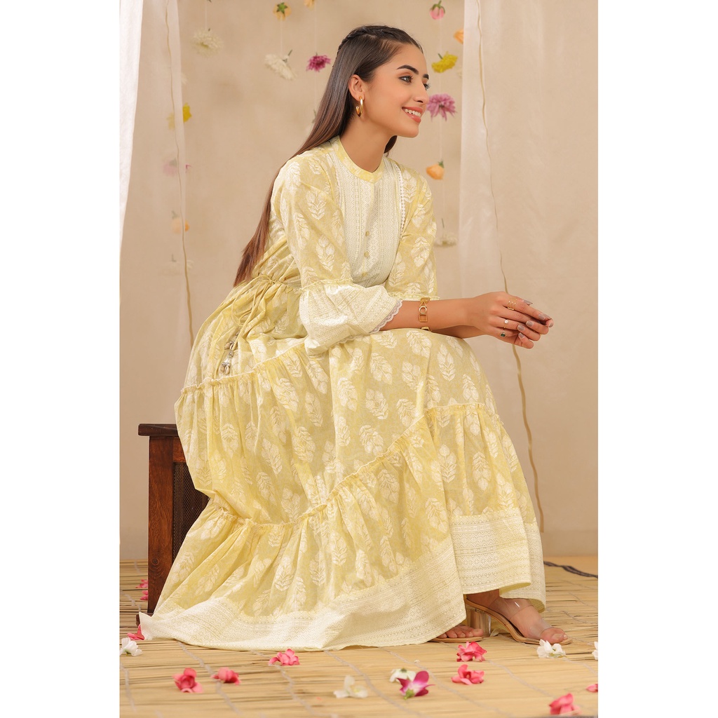 【Lakshmi 各國好物 印度】印度品牌 黃色 公主風 圓V領 蕾絲滾邊細節洋裝