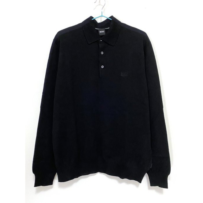 HUGO BOSS 專櫃 黑色 POLO 翻領 羊毛 針織 上衣+ 藍色 長袖 格紋 襯衫共二件
