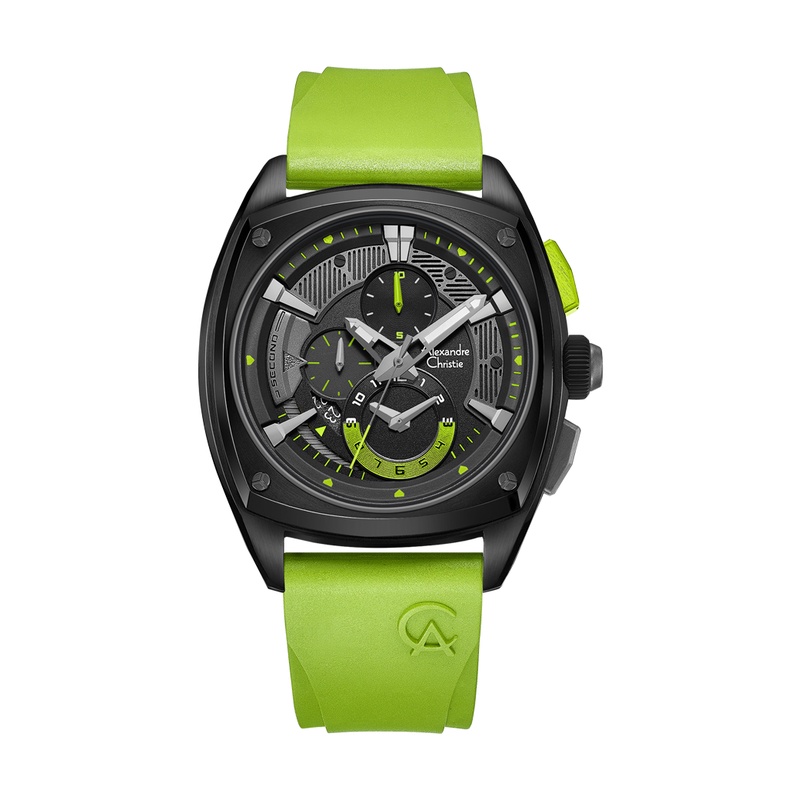 【Alexandre Christie】6591MCREPBALE 青檸綠 石英氟橡膠 三眼計時 AC手錶
