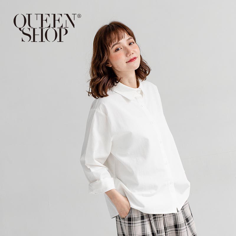 QUEENSHOP 純色素面圓領長袖襯衫 兩色售 現+預 【01023326】