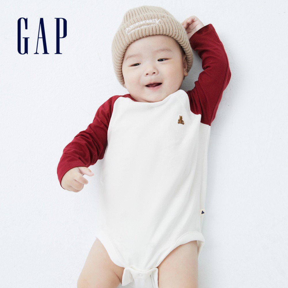 Gap 嬰兒裝 棉質撞色長袖包屁衣 布萊納系列-白色(663869)