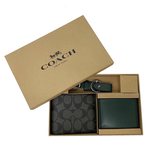 【COACH】C LOGO男款8卡活動證件夾短夾附鑰匙圈禮盒(黑灰/綠)
