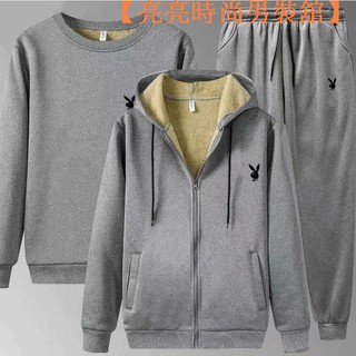 【臺灣現貨】秋冬韓版ins青少年男 男生套裝 大尺碼套裝 三件套 冬季 加絨加厚 羊羔絨外套 男【亮亮時尚男】