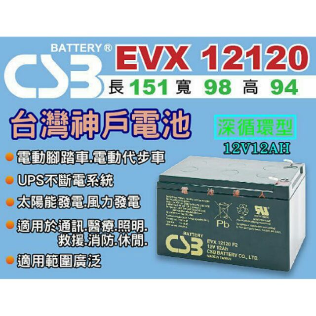 電池達人-神戶電池 EVX12120 12V-12AH REC12-12 WP12-12E  電動車 APC 不斷電系統