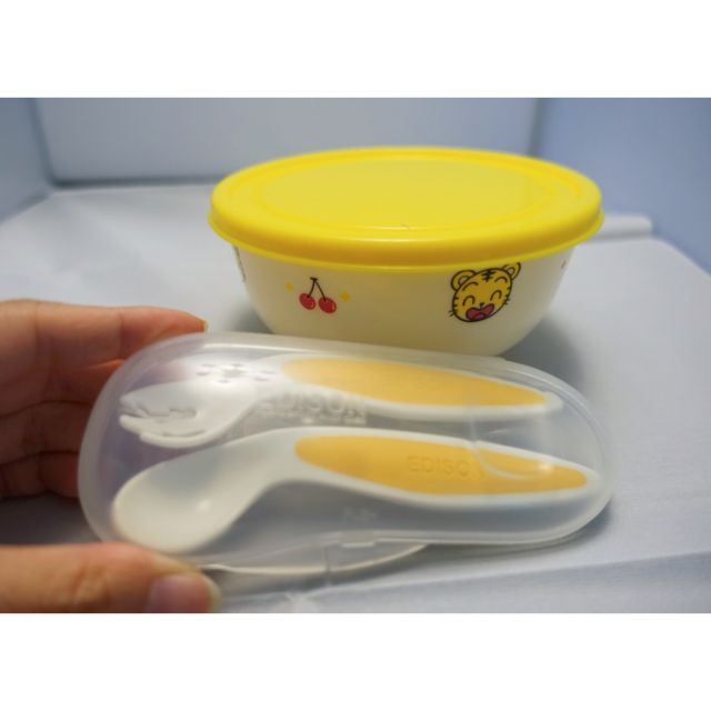 近全新 日本EDISON 嬰幼兒學習餐具組(叉子湯匙附收納盒) 送 全新巧虎碗(附蓋) 買一送一特價組