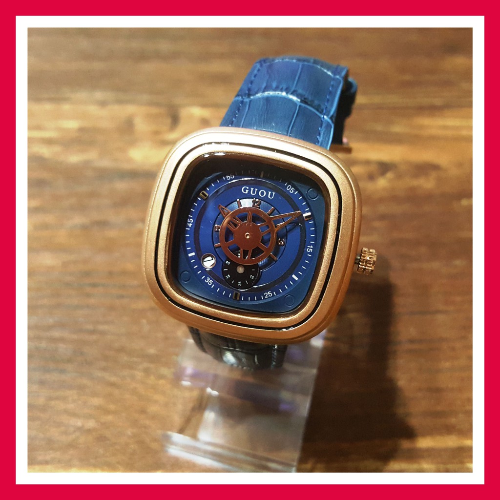 實拍★Creyes鐘錶★ GUOU古歐 方型金框造型腕錶 氣質藍色真皮錶帶 【手錶 女錶 熱賣 壓紋 聖誕節 禮物】
