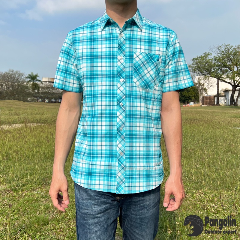 【PANGOLIN】彈性格紋短袖襯衫  吸濕排汗 防曬UPF50+ 透氣 彈性