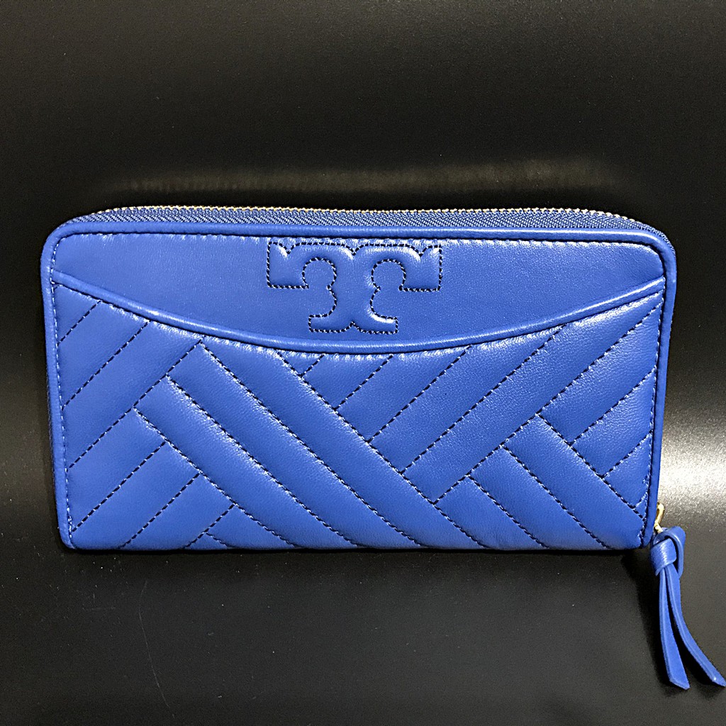 現貨正品 Tory Burch TB 小羊皮 菱格紋 中夾 長夾 寶藍色