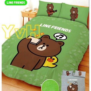 =YvH=單人床包兩用被 正版卡通~LINE 熊大愛自拍 綠色單人床包鋪棉兩用被套3件組 台灣製