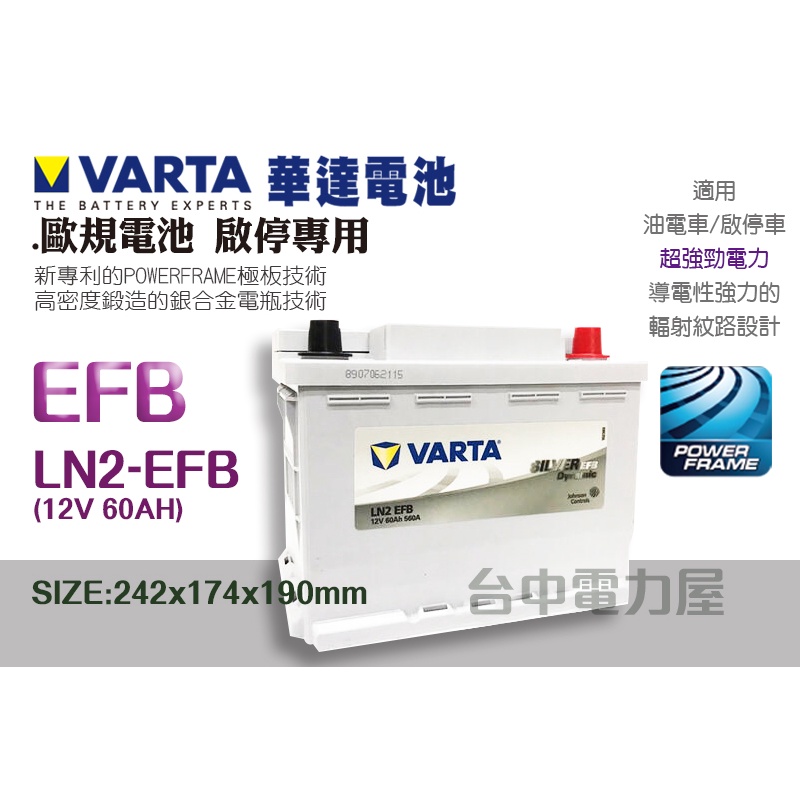 【台中電力屋】NEW VARTA LN2 EFB 60Ah 啟停系統 華達 免加水 電瓶 適用車款 ES300h