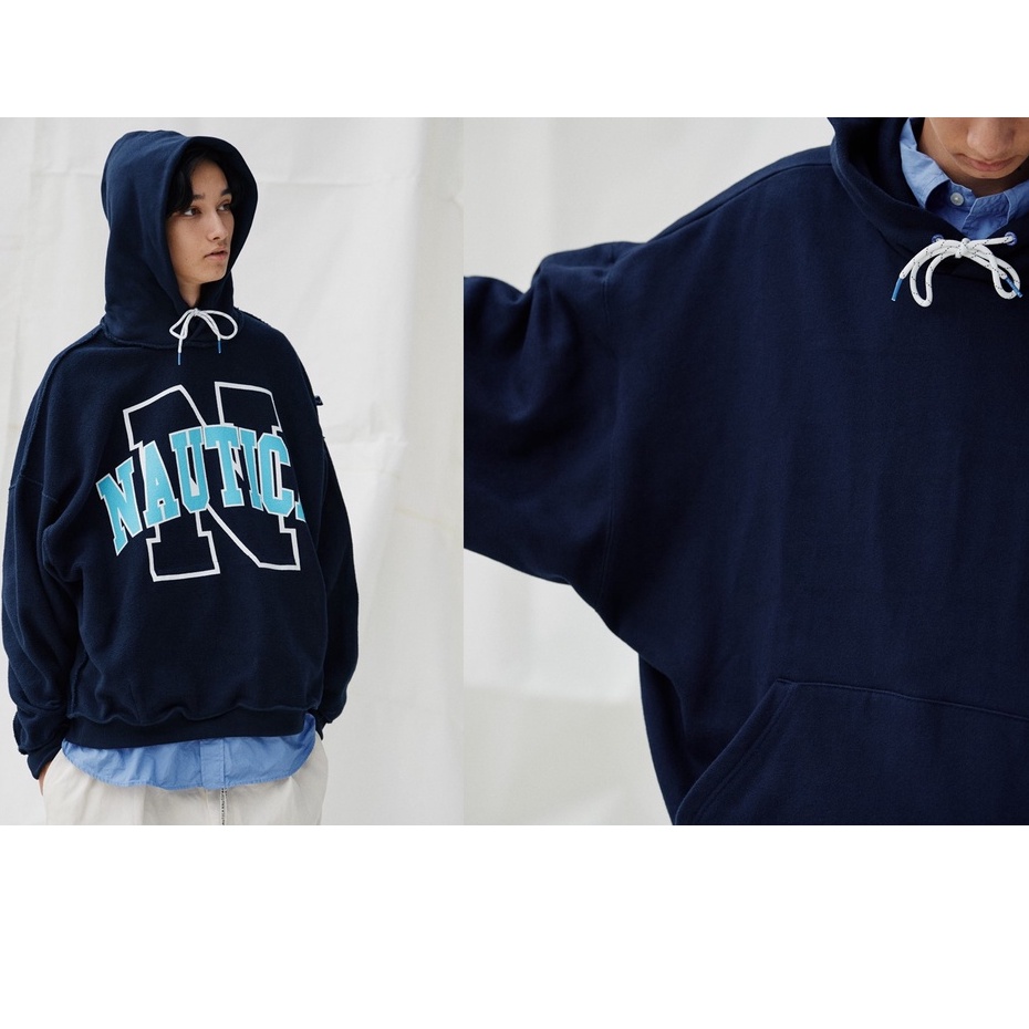 【二手日本正品 免運】YU SELECT-優選NAUTICA X is-ness  M號深藍色重磅寬版雙面穿長袖帽TEE