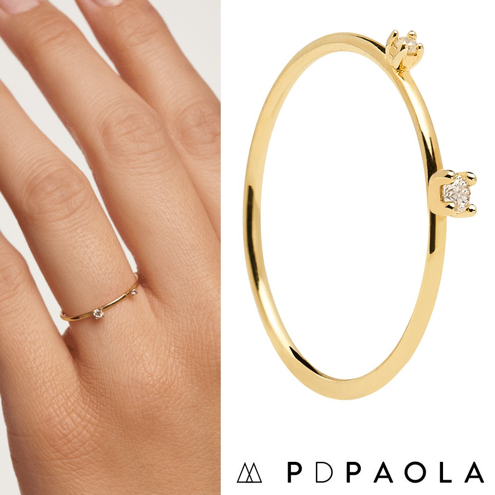 PD PAOLA 西班牙時尚潮牌 迷你白鑽戒指 簡約雙墜款 白色X金色 KITA GOLD