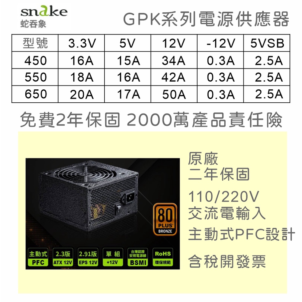 【免運保固附發票】蛇吞象 SNAKE GPK 550W 650W 80+銅牌 PFC 電腦電源供應器 終身保修