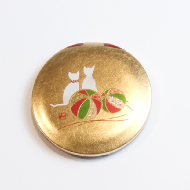 日本 金箔漆器 可愛 依偎小白貓 手鏡（圓）