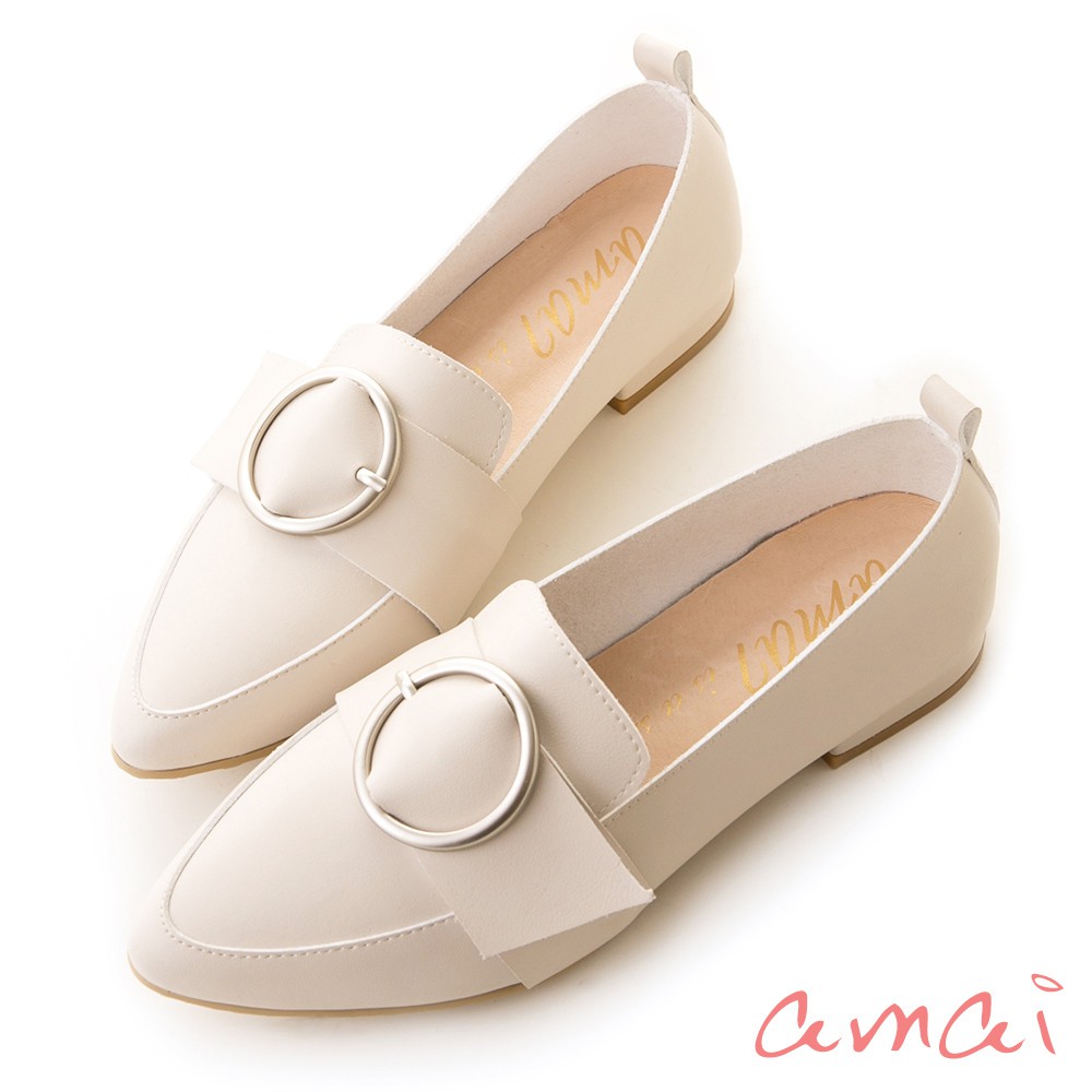 amai 金屬圓環尖頭低跟樂福鞋 低跟鞋 懶人鞋 平底鞋 樂福鞋女 通勤鞋 上班鞋 尖頭鞋 大尺碼 杏色 SP7-8BE