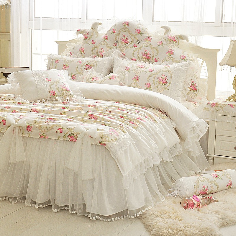 蕾絲床裙 床罩組 精梳純棉 碎花款 花園 白色 含隱藏床包 不起毛球 不跑位