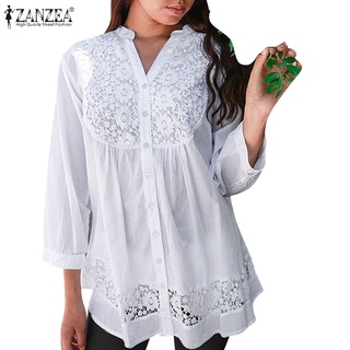 Zanzea 女士優雅蕾絲拼接日常四分之三袖純色襯衫