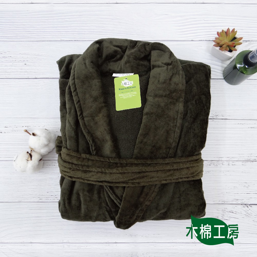 【木棉工房】剪絨純棉浴袍-低調綠 100%棉  身長110cm   吸水性佳