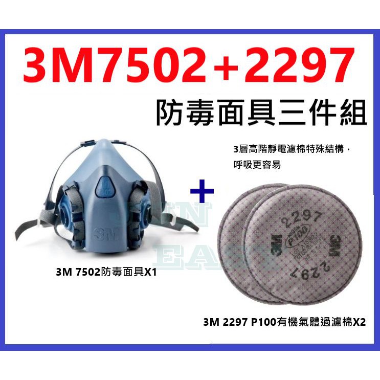 3M 7502矽膠防毒面具+3M 2297 P100有機氣體異味濾棉 高階靜電濾棉 防塵套裝組《JUN EASY》